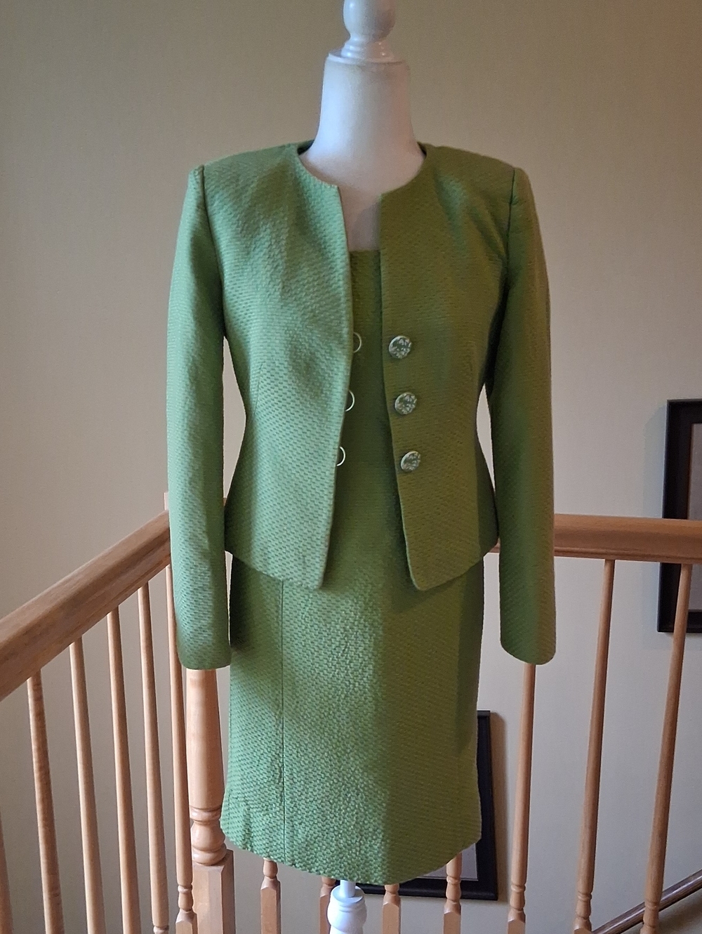 Vintage Armani Collezioni Olive Green Textured Jacket & Dress Set